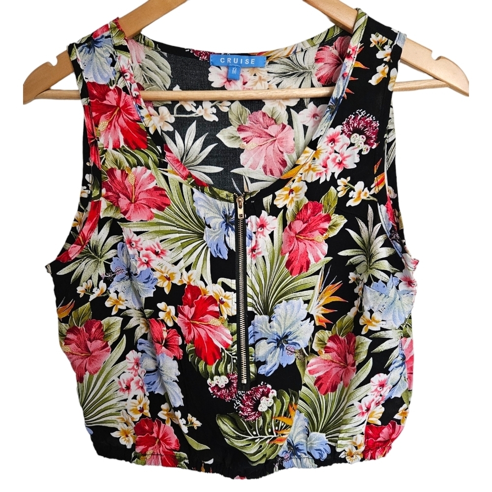 Floral zipper front crop top‎